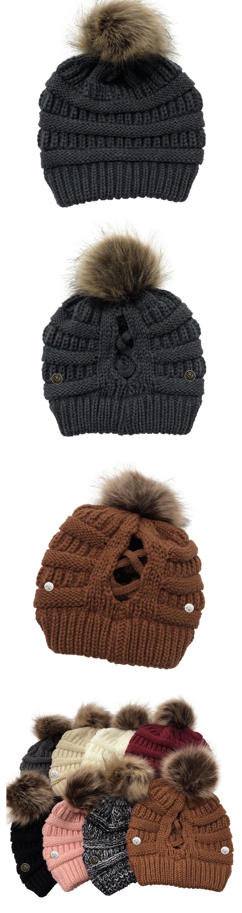 Fashion Gray Button Knitted Cross-belt Woolen Hat,Knitting Wool Hats