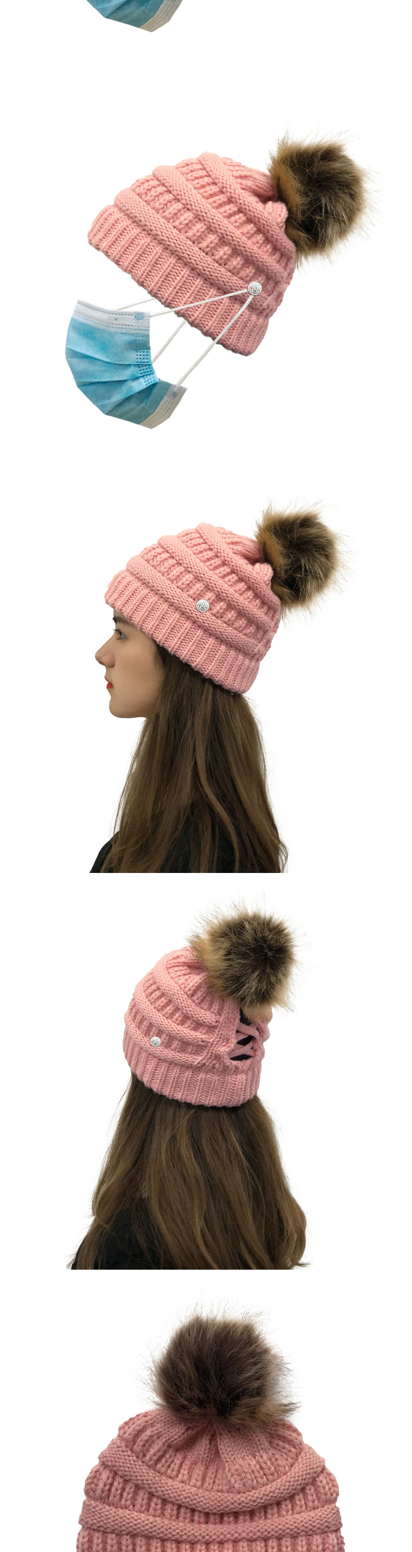 Fashion Pink Button Knitted Cross-belt Woolen Hat,Knitting Wool Hats