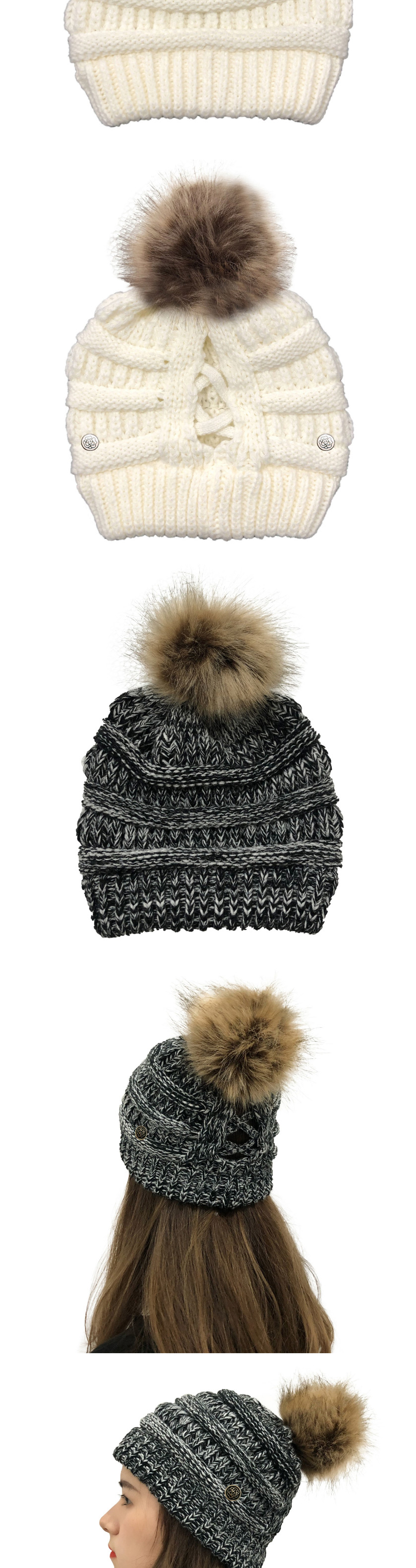Fashion Black Flowers Button Knitted Cross-belt Woolen Hat,Knitting Wool Hats