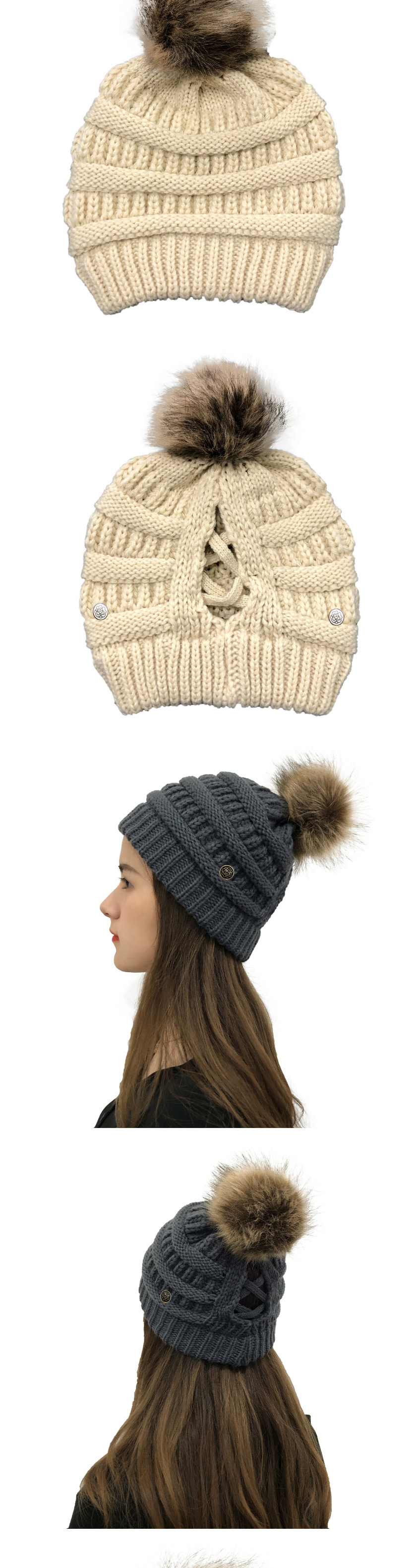 Fashion Beige Button Knitted Cross-belt Woolen Hat,Knitting Wool Hats