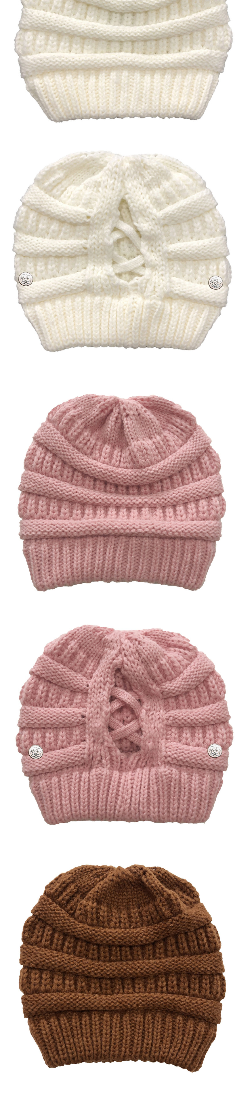 Fashion Pink Button Detachable Cross-back Ponytail Knitted Hat,Knitting Wool Hats