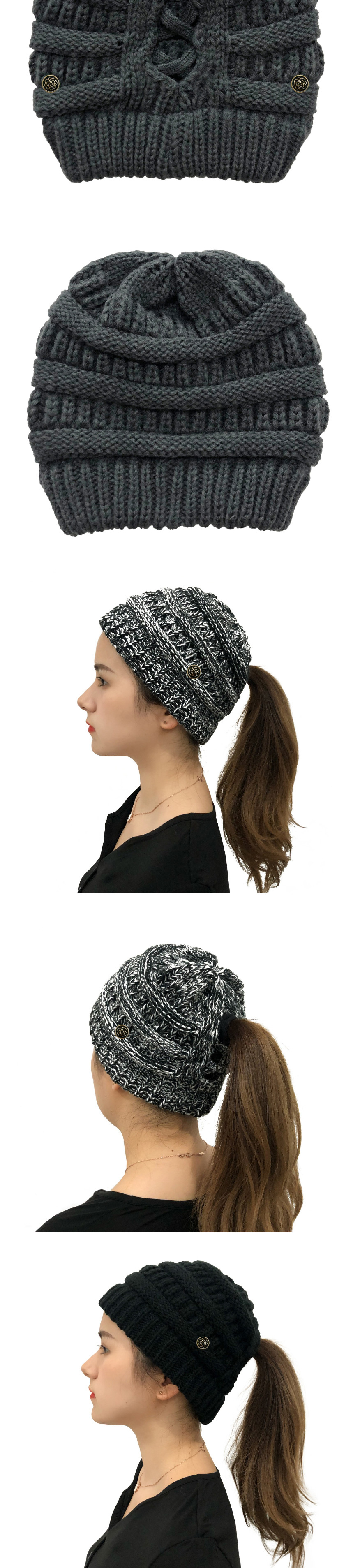 Fashion Black Flowers Button Detachable Cross-back Ponytail Knitted Hat,Knitting Wool Hats