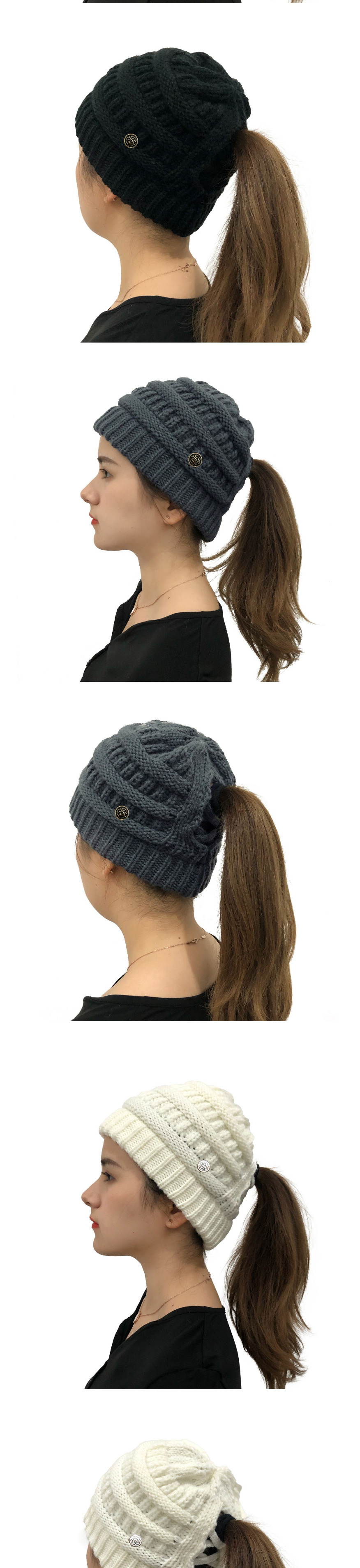 Fashion Gray Button Detachable Cross-back Ponytail Knitted Hat,Knitting Wool Hats