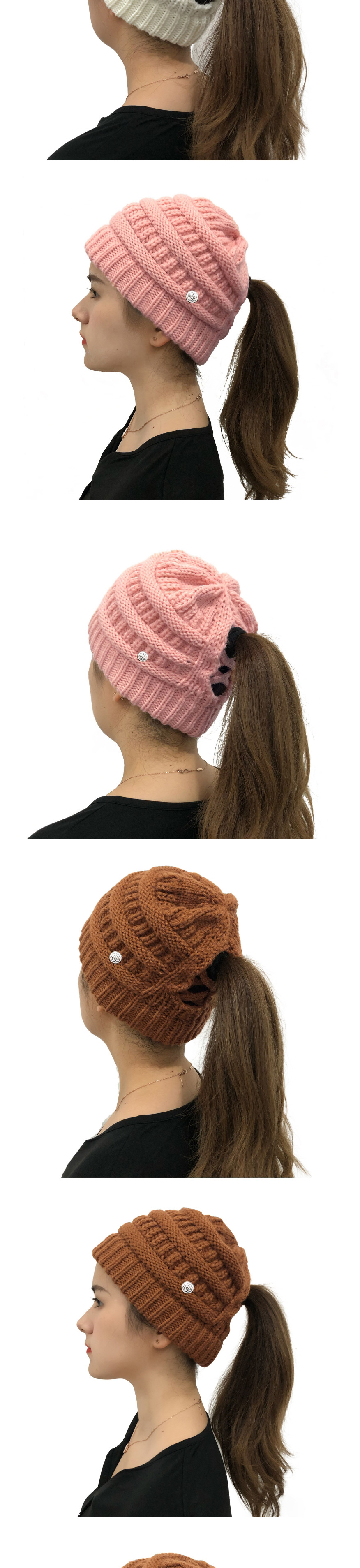 Fashion Caramel Button Detachable Cross-back Ponytail Knitted Hat,Knitting Wool Hats