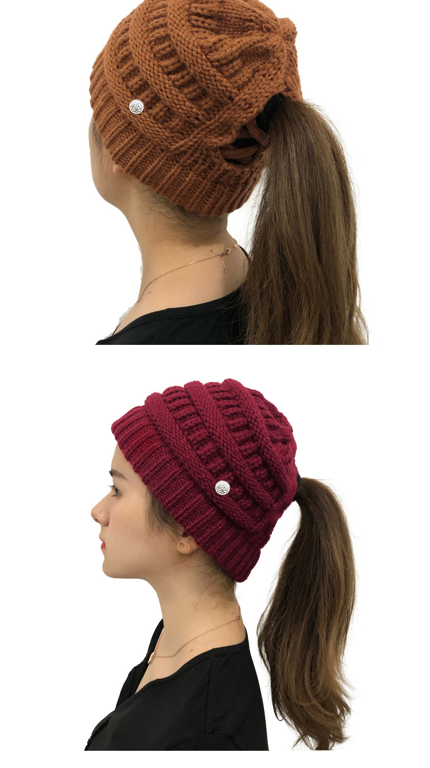 Fashion Black Button Detachable Cross-back Ponytail Knitted Hat,Knitting Wool Hats