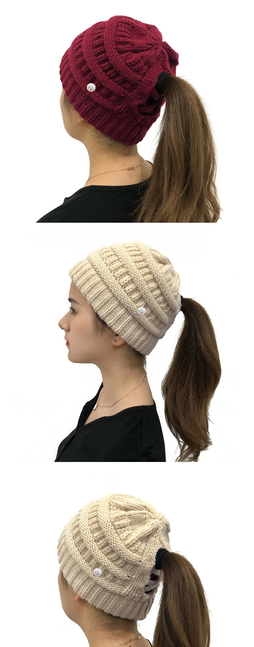 Fashion Pink Button Detachable Cross-back Ponytail Knitted Hat,Knitting Wool Hats