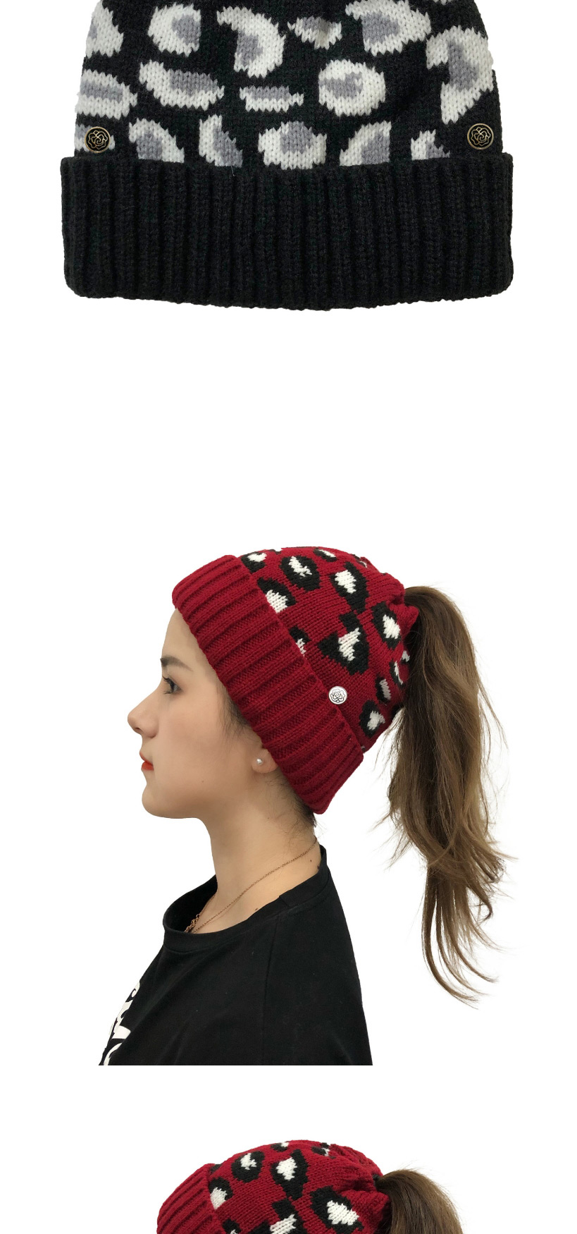 Fashion Camel Button Leopard Jacquard Knitted Beanie,Knitting Wool Hats
