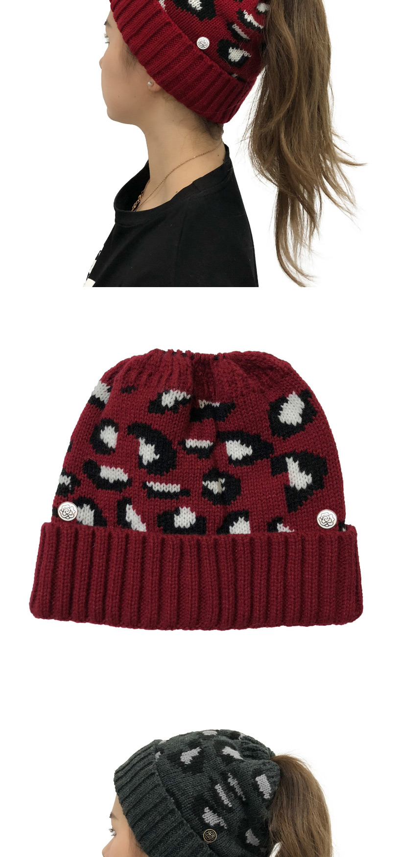 Fashion Claret Button Leopard Jacquard Knitted Beanie,Knitting Wool Hats