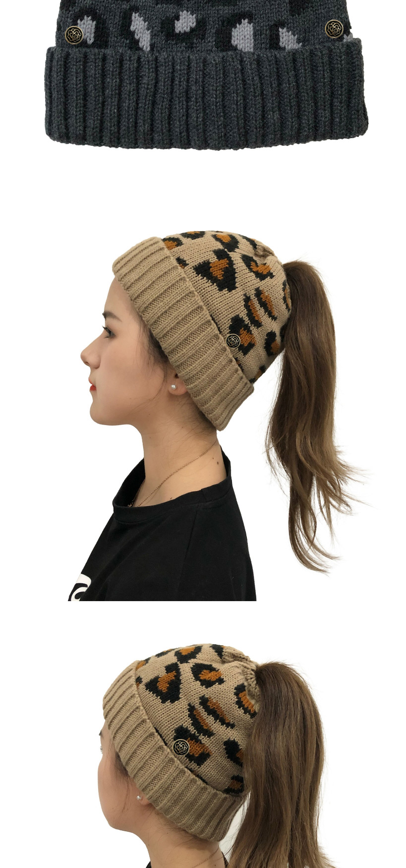 Fashion Dark Gray Button Leopard Jacquard Knitted Beanie,Knitting Wool Hats