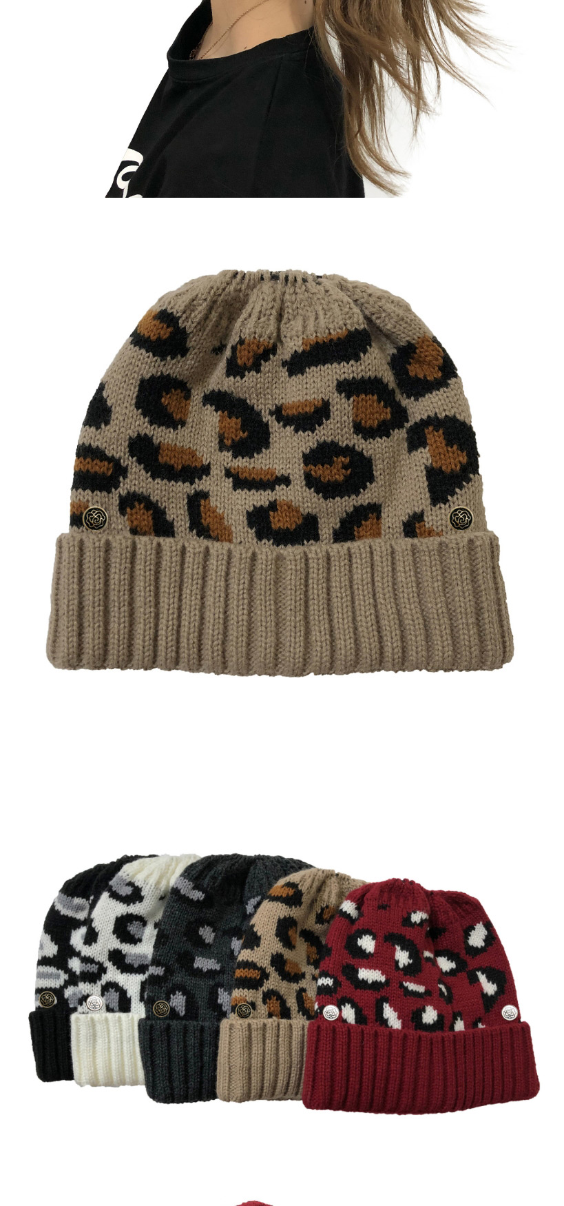 Fashion Claret Button Leopard Jacquard Knitted Beanie,Knitting Wool Hats