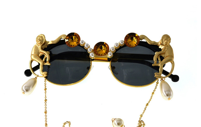 Fashion Golden Plate Carved Monkey Pearl Crystal Sunglasses,Sunglasses Chain