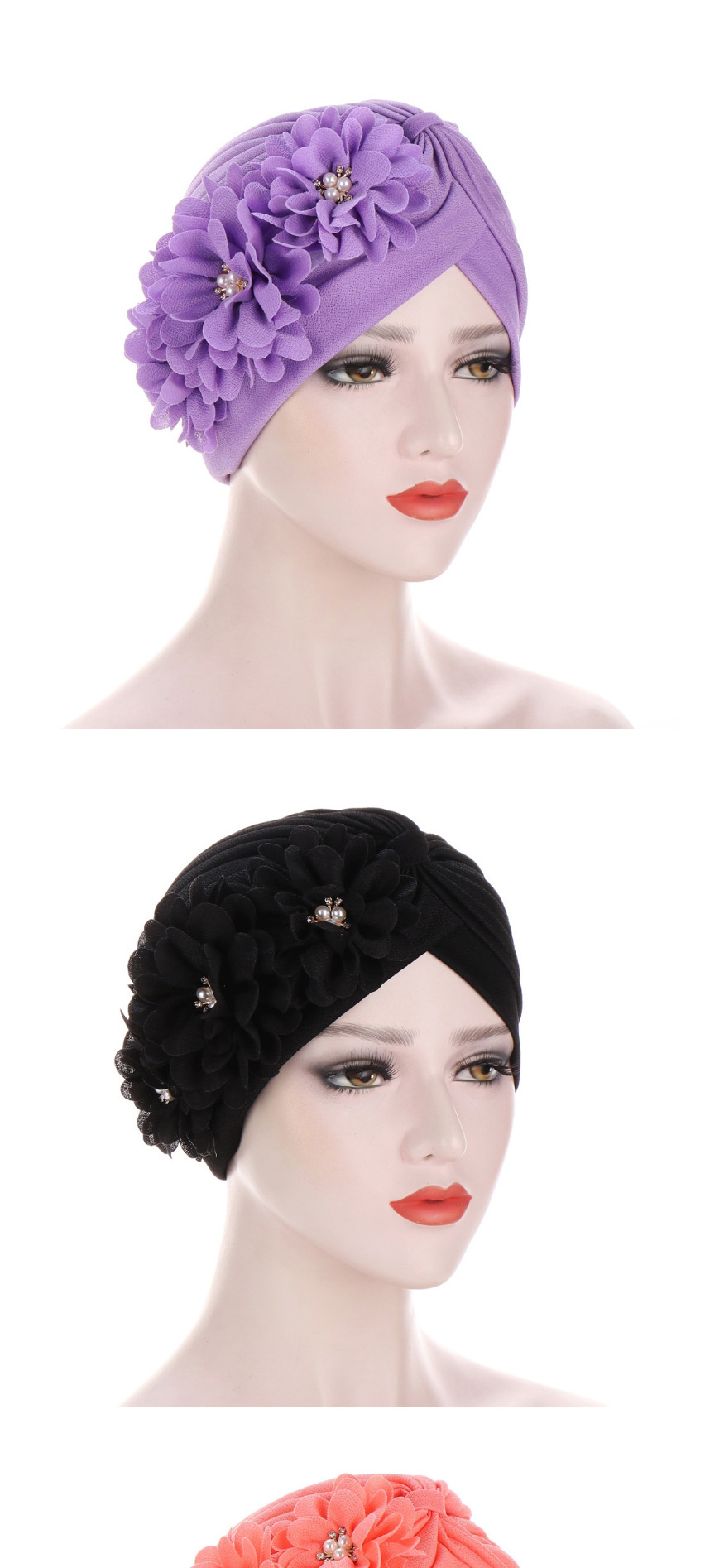 Fashion Red Wine Pleated Applique Pearl Forehead Cross Cap,Beanies&Others
