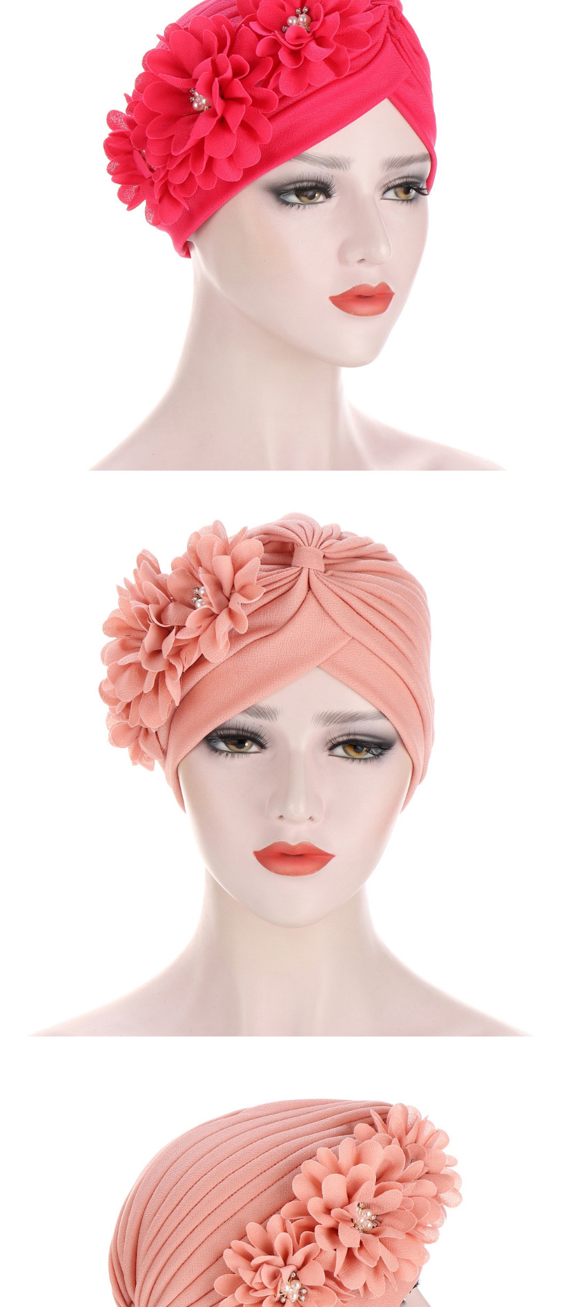 Fashion Rose Red Pleated Applique Pearl Forehead Cross Cap,Beanies&Others