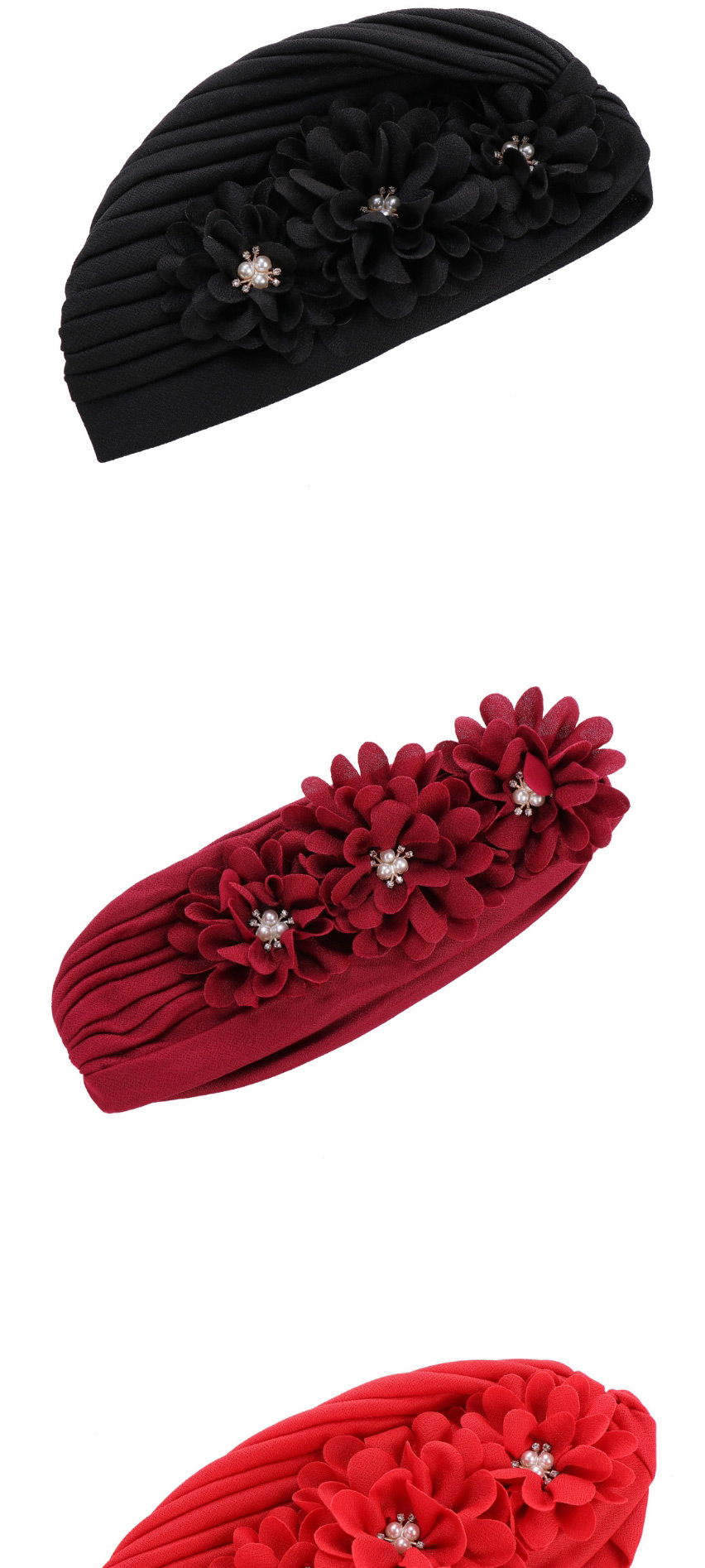 Fashion Rose Red Pleated Applique Pearl Forehead Cross Cap,Beanies&Others