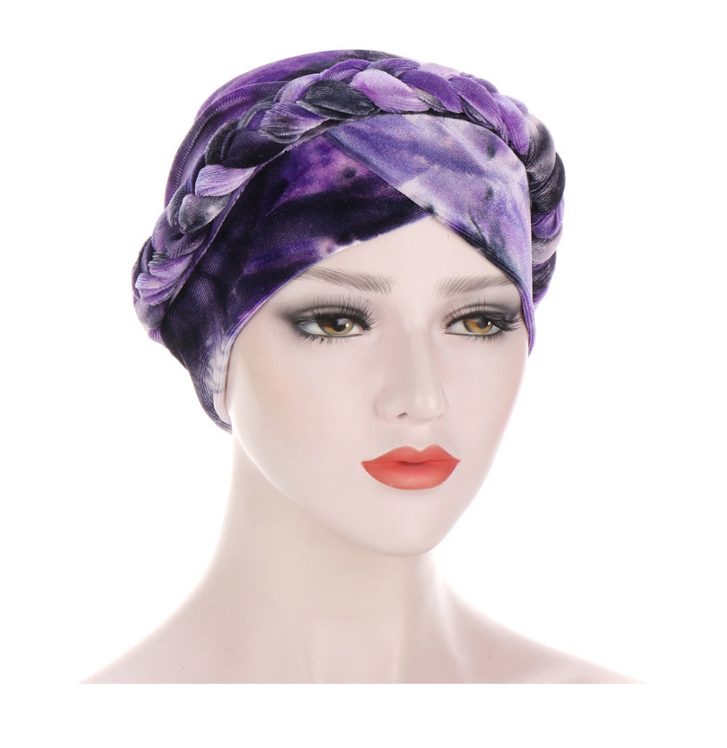 Fashion Light Purple + Light Blue Tie-dyed Brushed Milk Velvet Cloth Braid Turban Hat,Beanies&Others