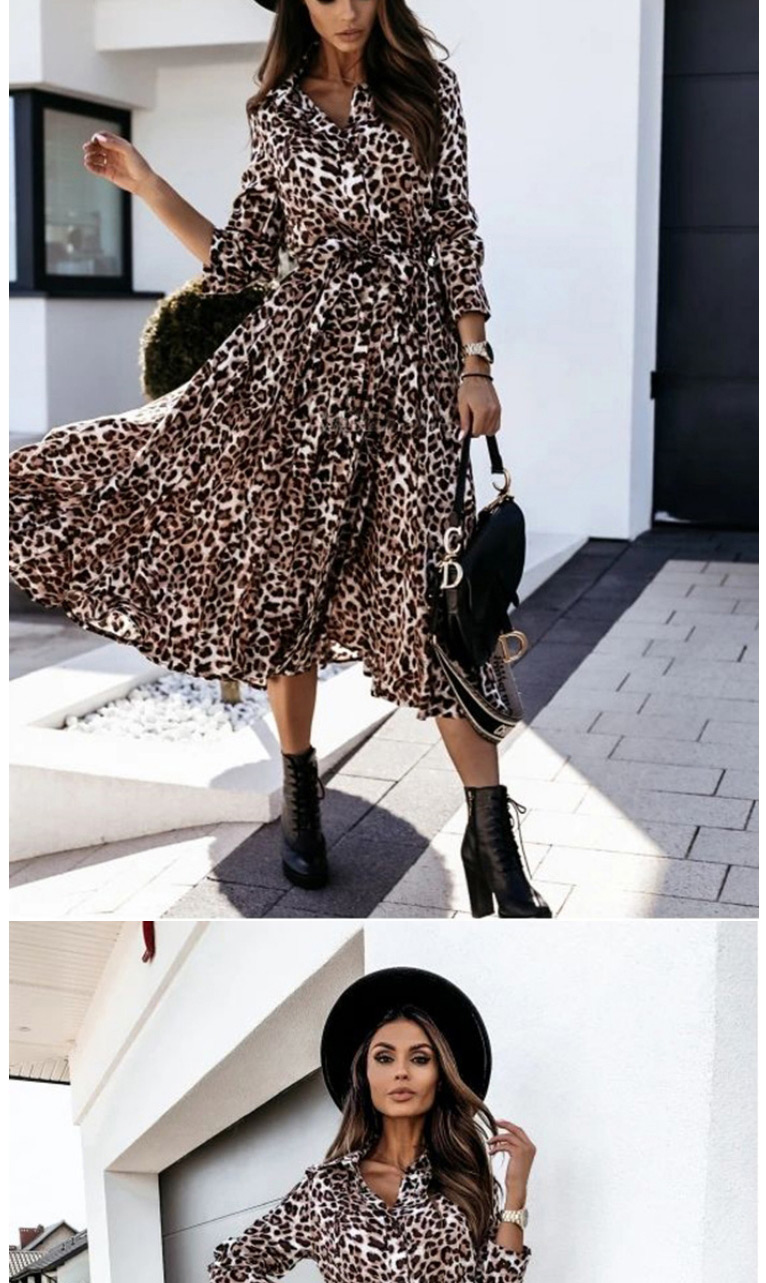 Fashion Big Leopard Long Sleeve V-neck Leopard Print Dress,Long Dress