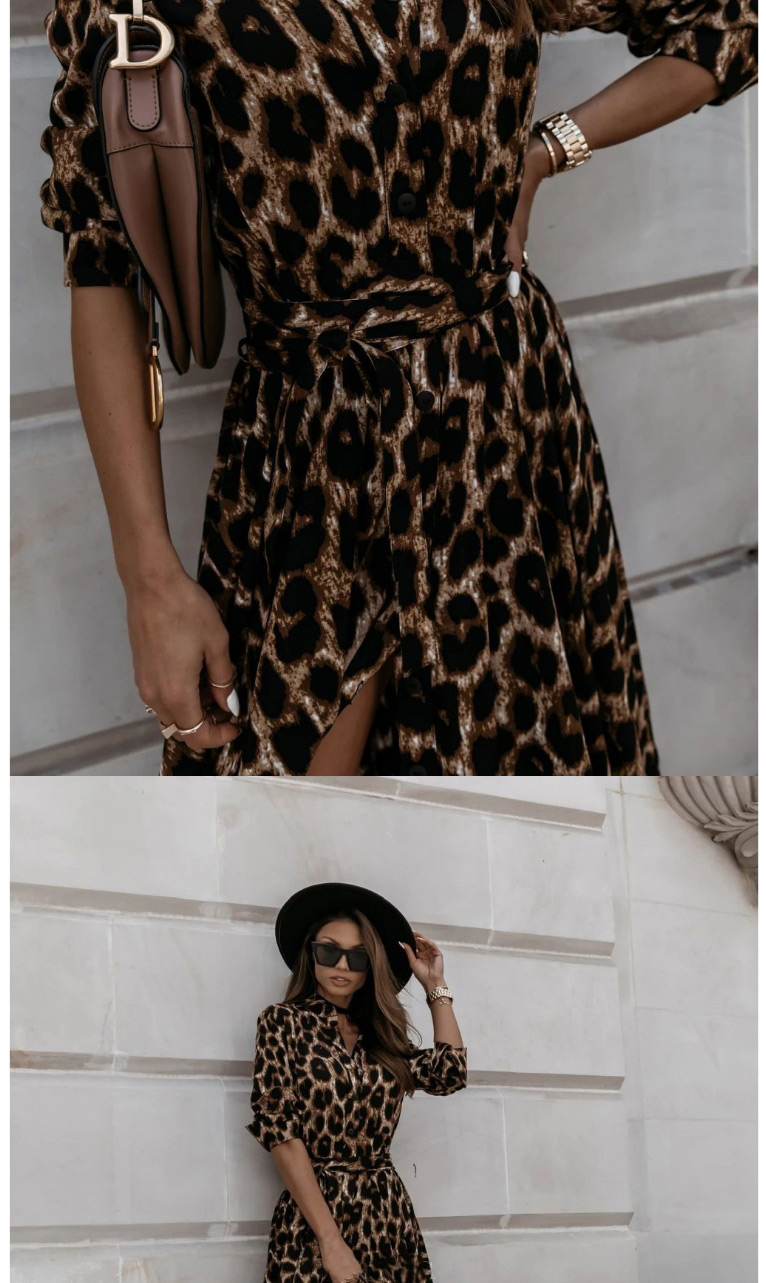 Fashion Little Leopard Long Sleeve V-neck Leopard Print Dress,Long Dress