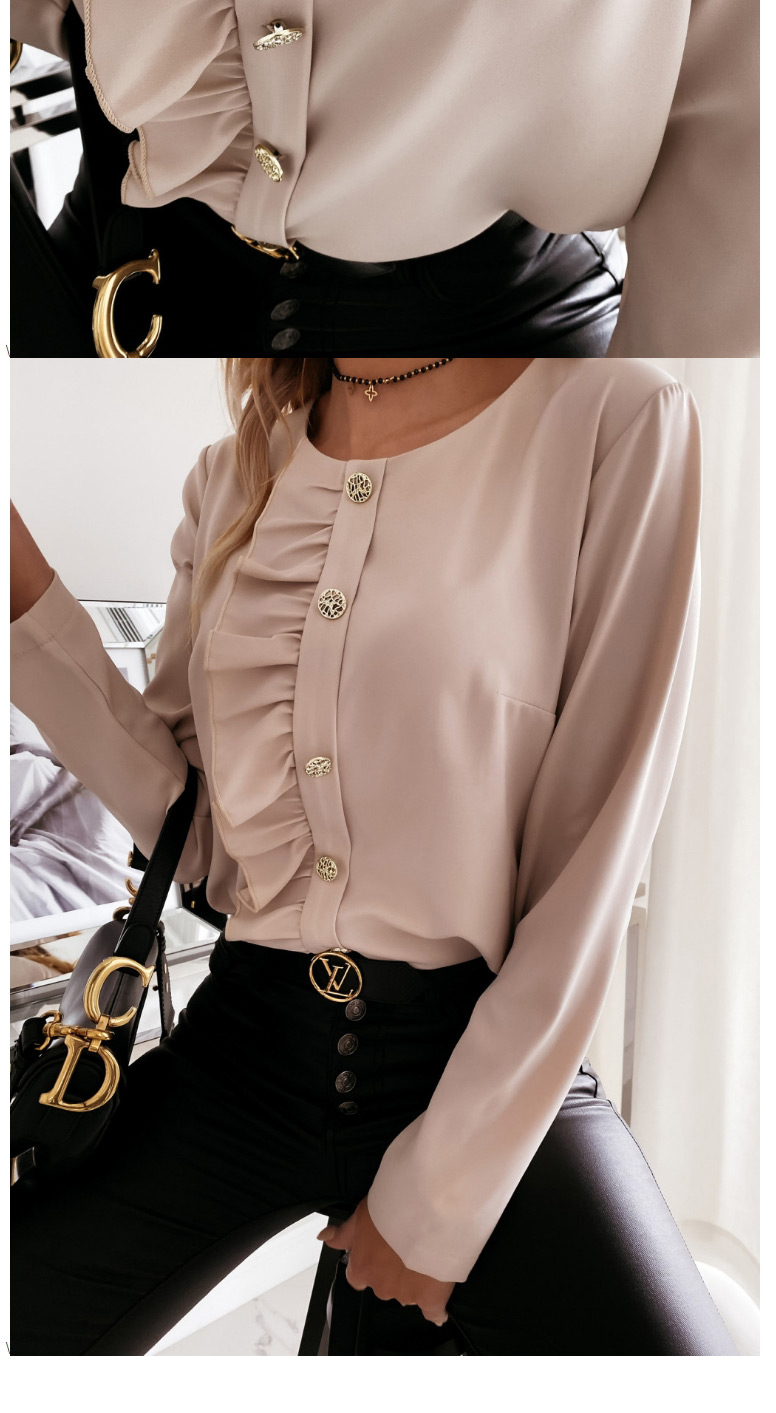 Fashion Black Long-sleeved Solid Color Round Neck Ruffled Button Shirt,Hair Crown