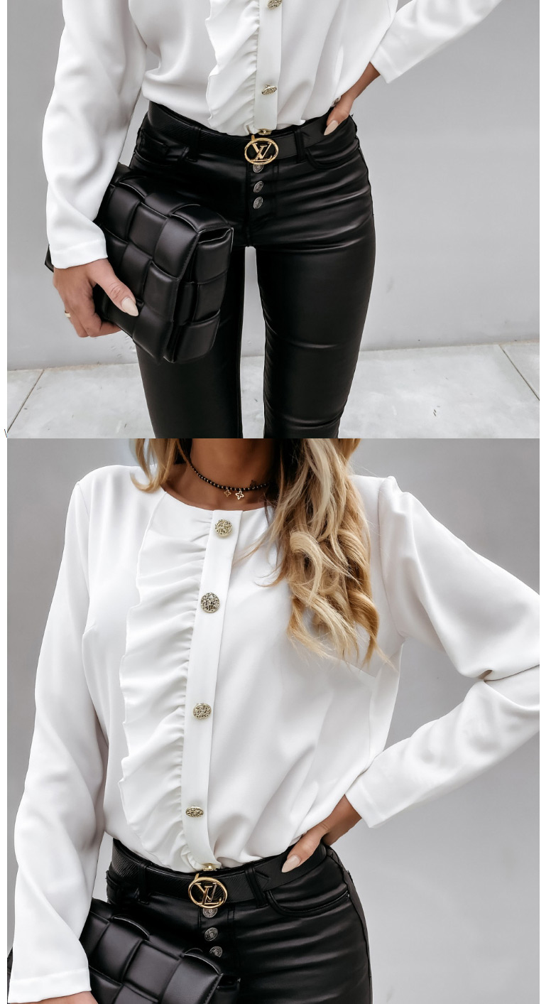 Fashion White Long-sleeved Solid Color Round Neck Ruffled Button Shirt,Hair Crown