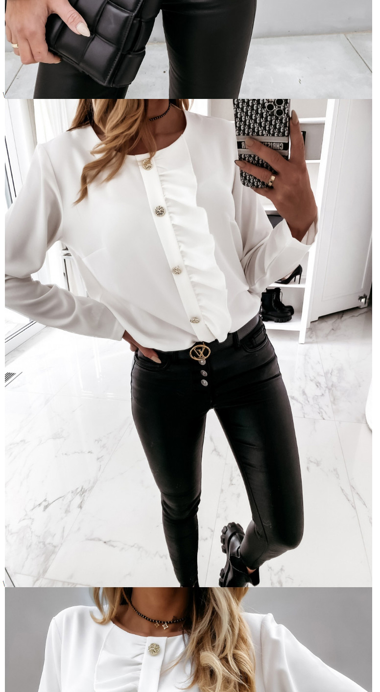 Fashion White Long-sleeved Solid Color Round Neck Ruffled Button Shirt,Hair Crown