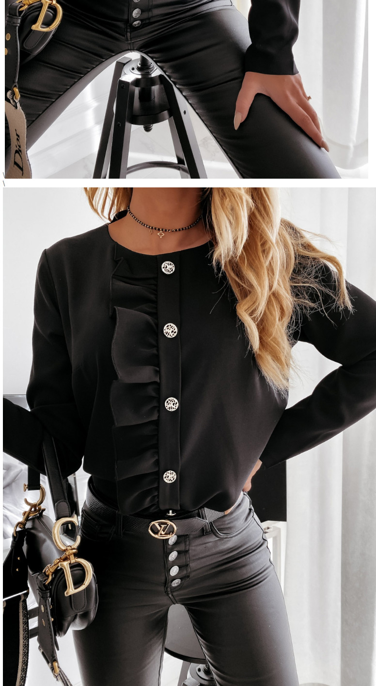 Fashion Black Long-sleeved Solid Color Round Neck Ruffled Button Shirt,Hair Crown