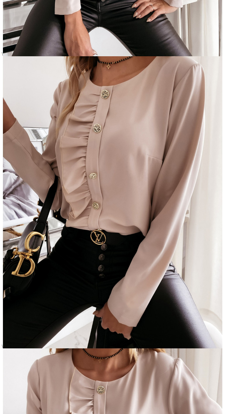 Fashion Khaki Long-sleeved Solid Color Round Neck Ruffled Button Shirt,Hair Crown