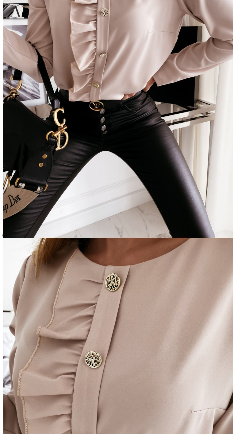 Fashion Khaki Long-sleeved Solid Color Round Neck Ruffled Button Shirt,Hair Crown