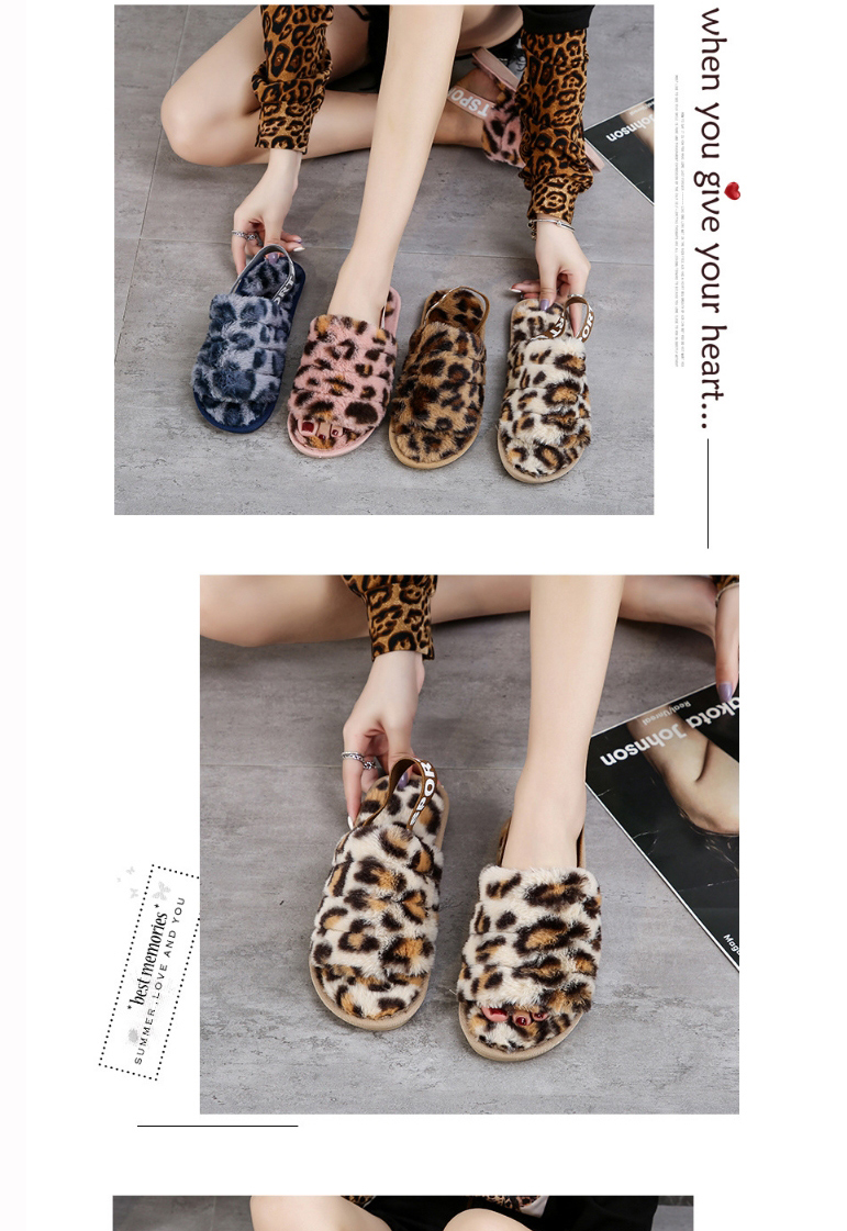 Fashion Blue Leopard Elastic Band Leopard Print Plush Open-toe Non-slip Warm Slippers,Slippers