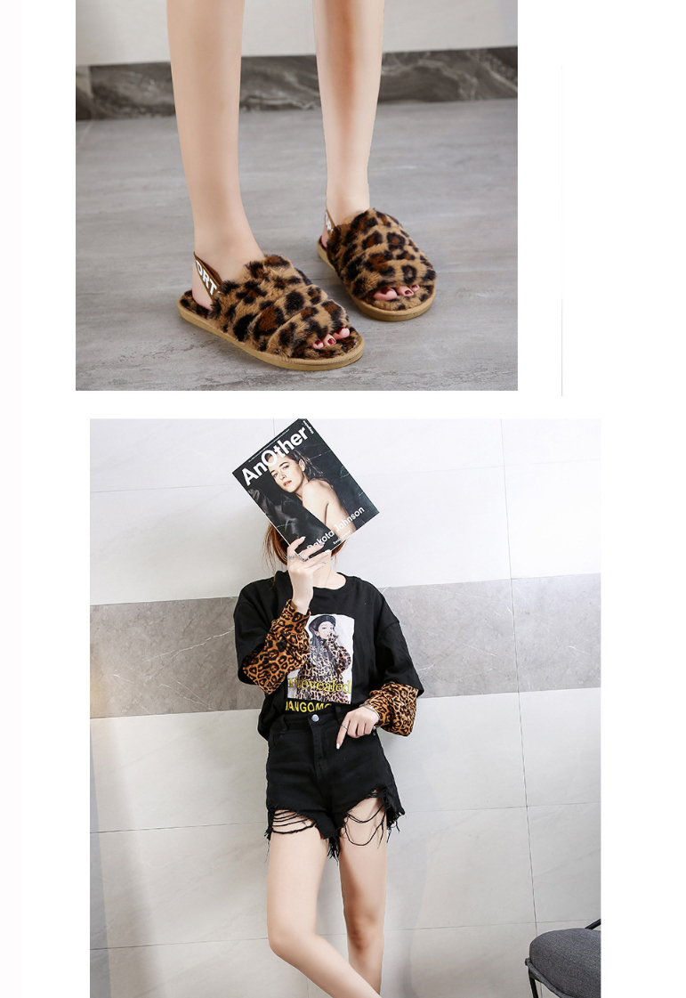 Fashion Beige Leopard Elastic Band Leopard Print Plush Open-toe Non-slip Warm Slippers,Slippers