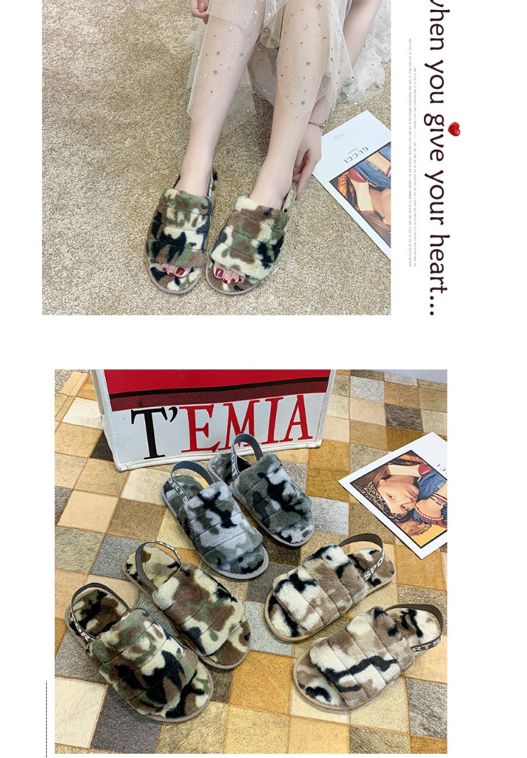 Fashion Camouflage Gray Heel With Open Toe Camouflage Leopard Print Plush Soft-soled Slippers,Slippers