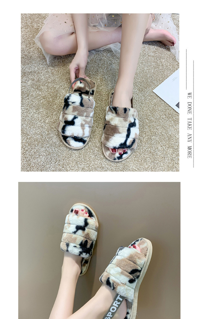 Fashion Camouflage Green Heel With Open Toe Camouflage Leopard Print Plush Soft-soled Slippers,Slippers
