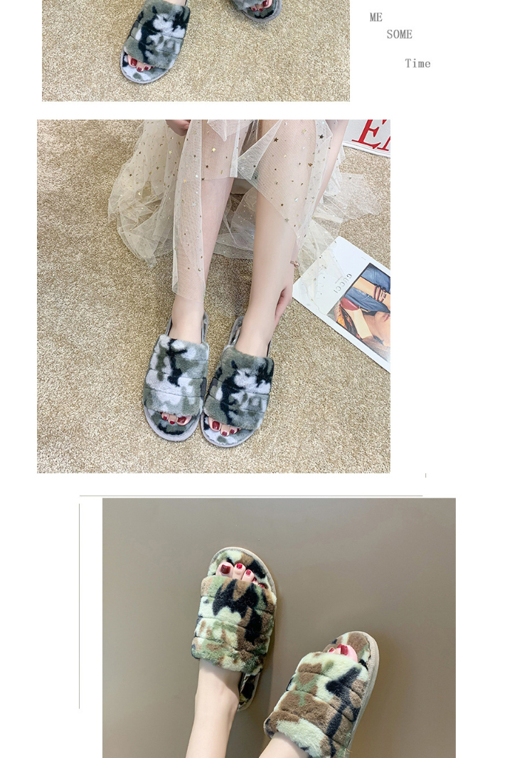 Fashion Camouflage Gray Heel With Open Toe Camouflage Leopard Print Plush Soft-soled Slippers,Slippers