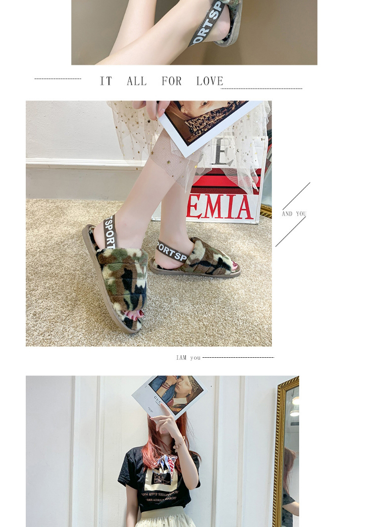Fashion Camouflage Green Heel With Open Toe Camouflage Leopard Print Plush Soft-soled Slippers,Slippers