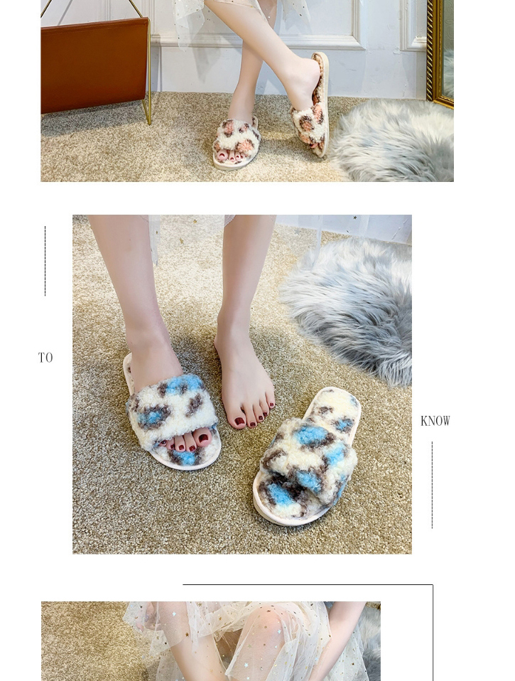 Fashion Lamb Light Blue Leopard Leopard-print Lambswool Open-toed Flat Slippers,Slippers