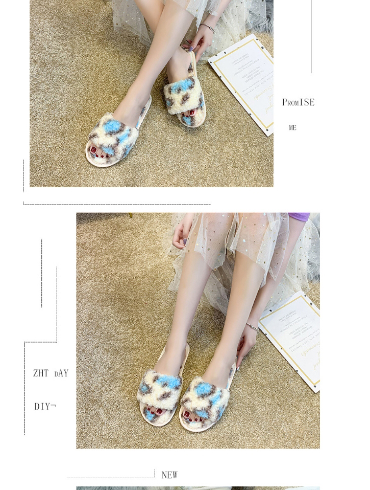 Fashion Lamb Lake Blue Leopard Leopard-print Lambswool Open-toed Flat Slippers,Slippers