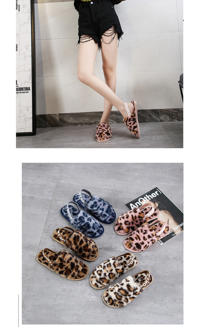 Fashion Pink Leopard Elastic Band Leopard Print Plush Open-toed Flat Slippers,Slippers