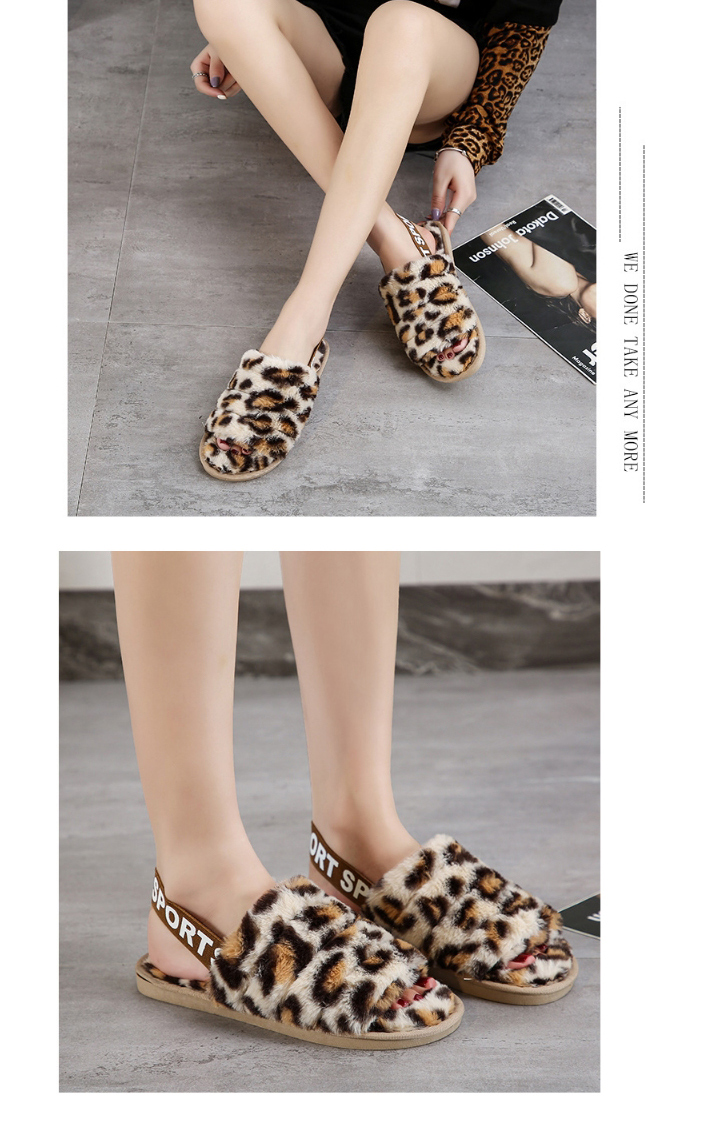 Fashion Blue Leopard Elastic Band Leopard Print Plush Open-toed Flat Slippers,Slippers