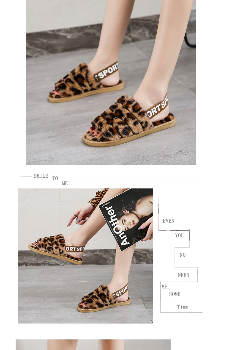Fashion Brown Leopard Elastic Band Leopard Print Plush Open-toed Flat Slippers,Slippers