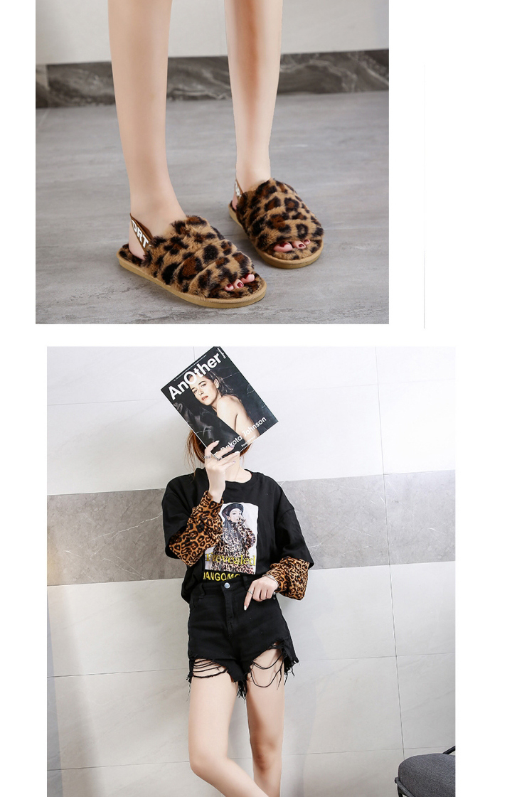 Fashion Beige Leopard Elastic Band Leopard Print Plush Open-toed Flat Slippers,Slippers