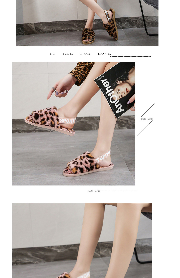 Fashion Blue Leopard Elastic Band Leopard Print Plush Open-toed Flat Slippers,Slippers