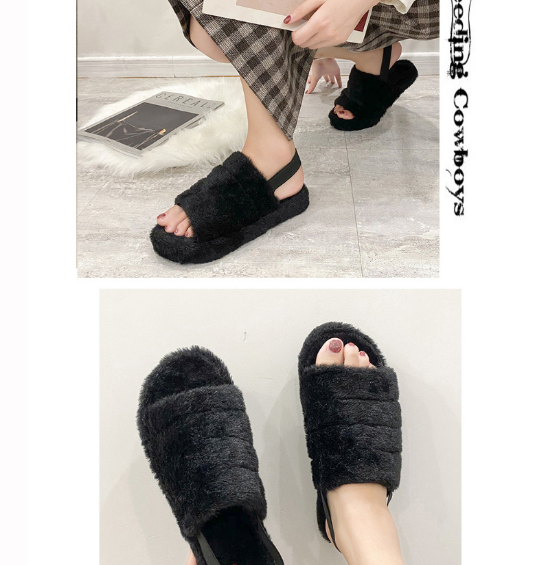 Fashion Black Plush Open-toed Flat Elastic Flat Slippers,Slippers