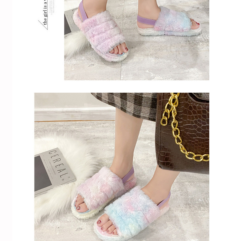 Fashion Gray Plush Open-toed Flat Elastic Flat Slippers,Slippers