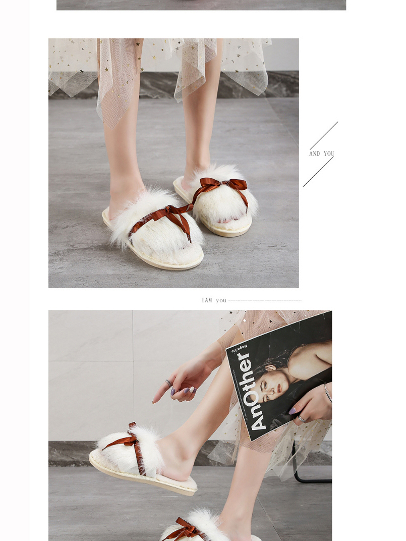 Fashion Pink Plush Open Bow Flat Slippers,Slippers