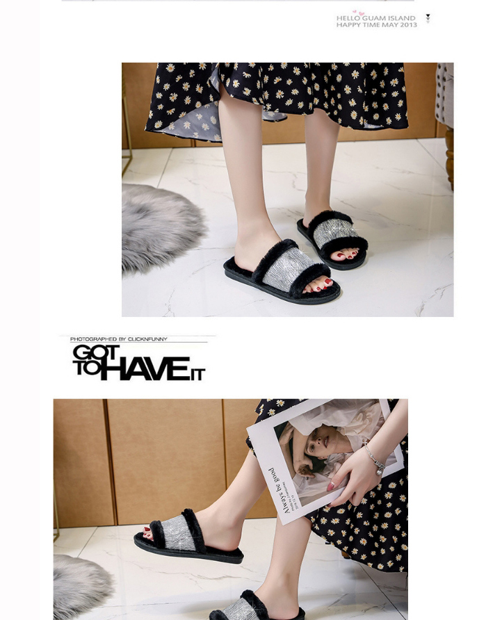 Fashion Black One-word Plush Indoor Flat-bottomed Plush Slippers,Slippers