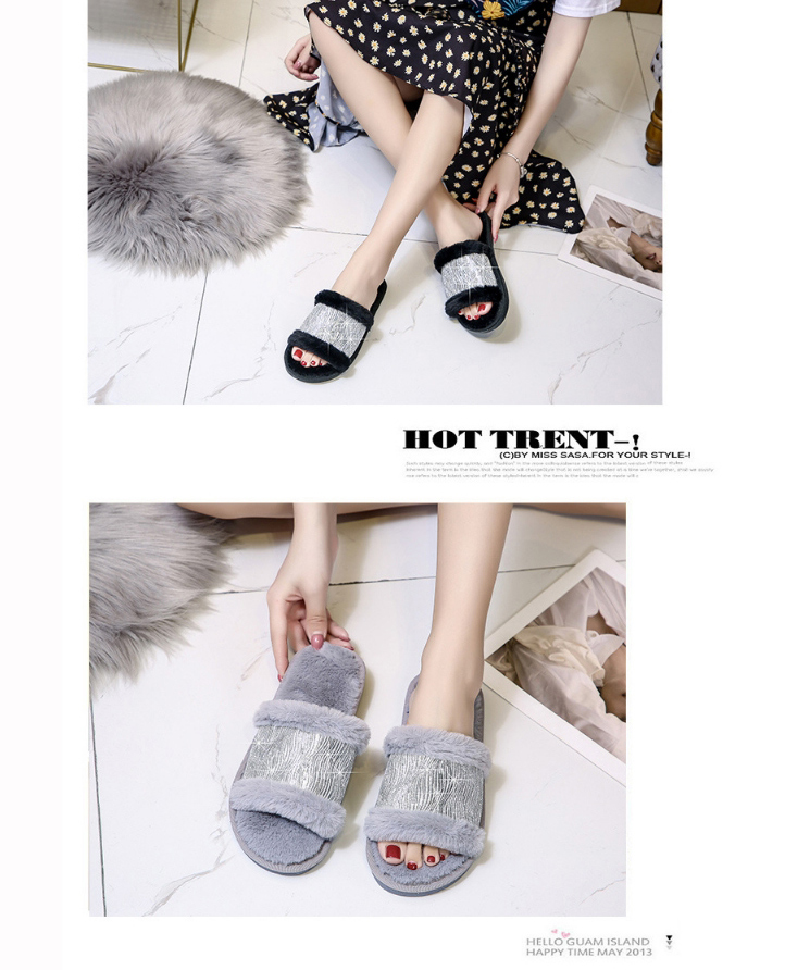 Fashion Gray One-word Plush Indoor Flat Plush Slippers,Slippers