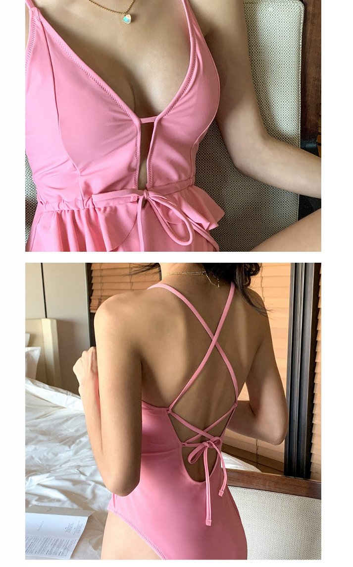 Fashion Pink Triangle Halter Ruffled Strap One-piece Swimsuit,One Pieces
