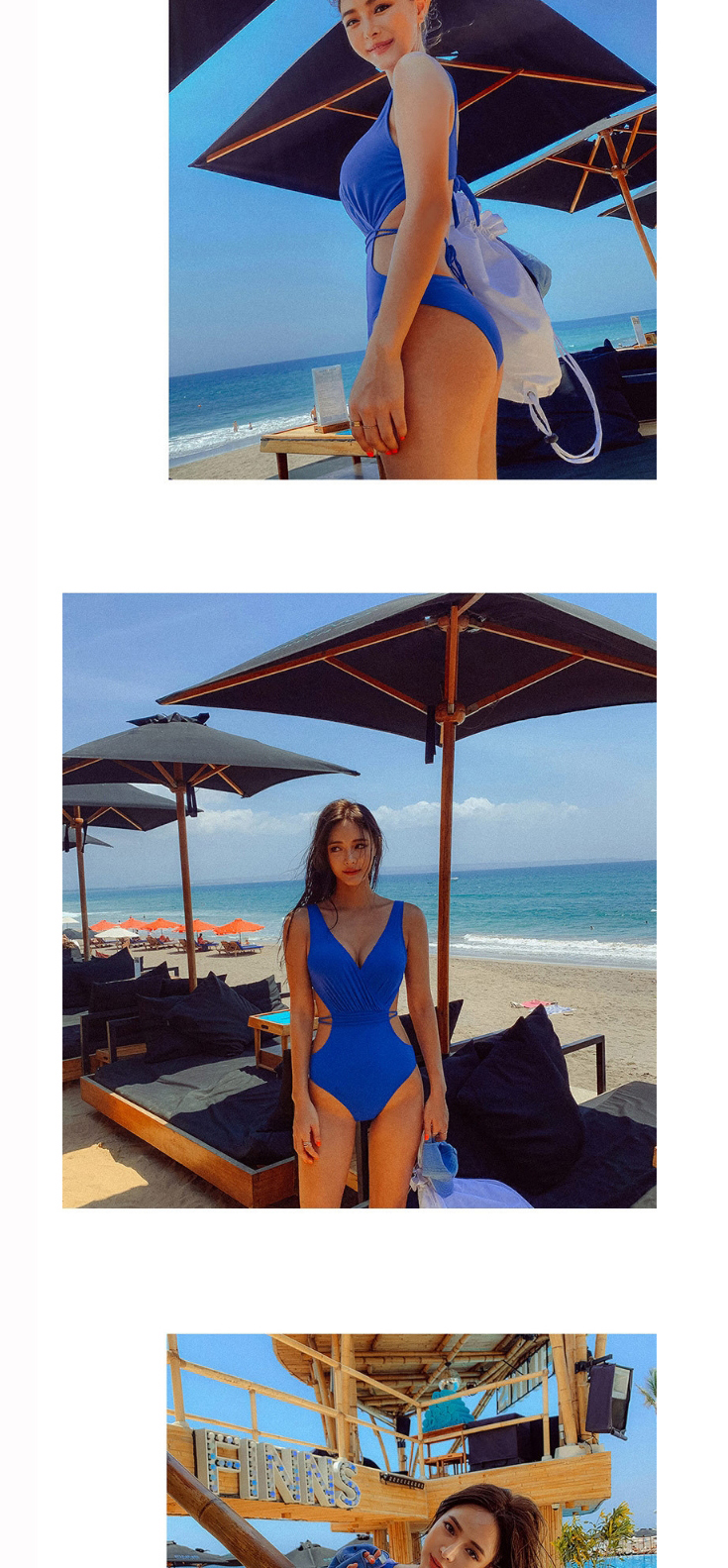 Fashion Royal Blue Hollow Deep V Pleated One-piece Swimsuit,One Pieces