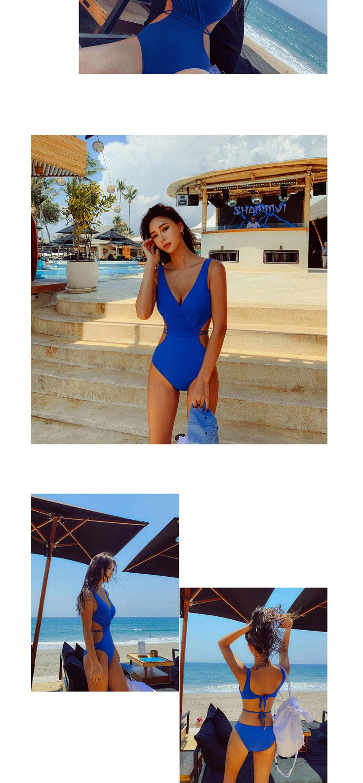 Fashion Royal Blue Hollow Deep V Pleated One-piece Swimsuit,One Pieces