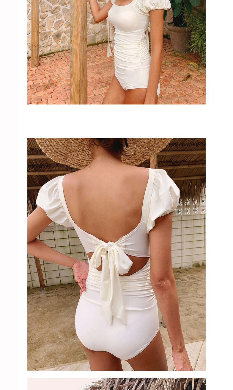 Fashion White Square Neck Puff Sleeve Pleated One-piece Swimsuit,One Pieces