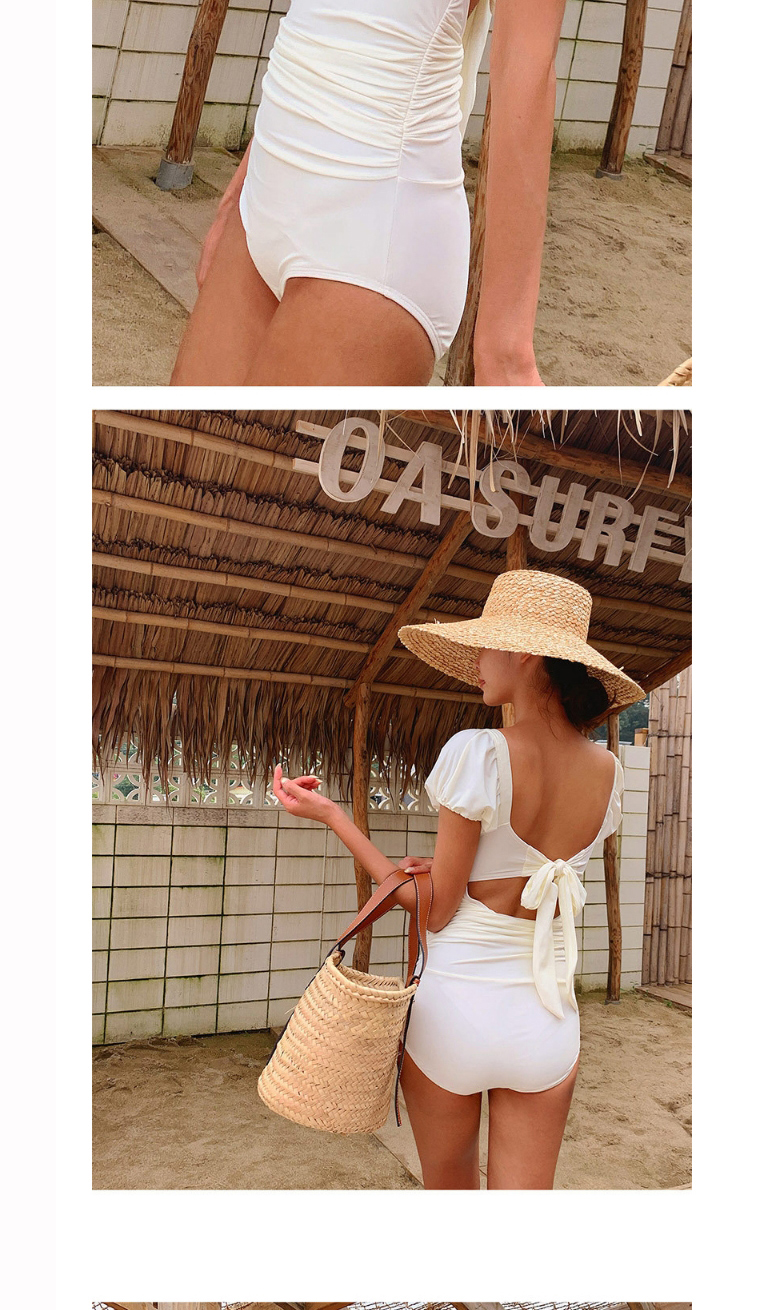 Fashion White Square Neck Puff Sleeve Pleated One-piece Swimsuit,One Pieces